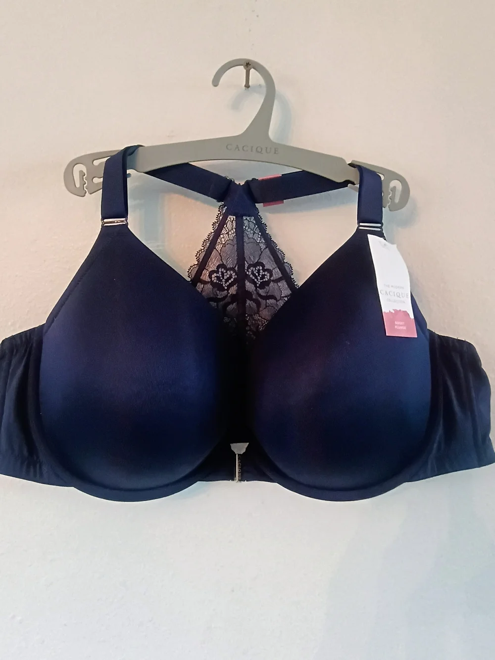 Cacique Lane Bryant 46C Front Close Racerback Lace T-Shirt Bra Navy NWT